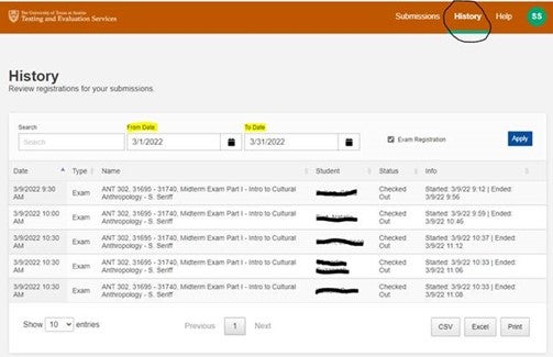 History Page Students Registered